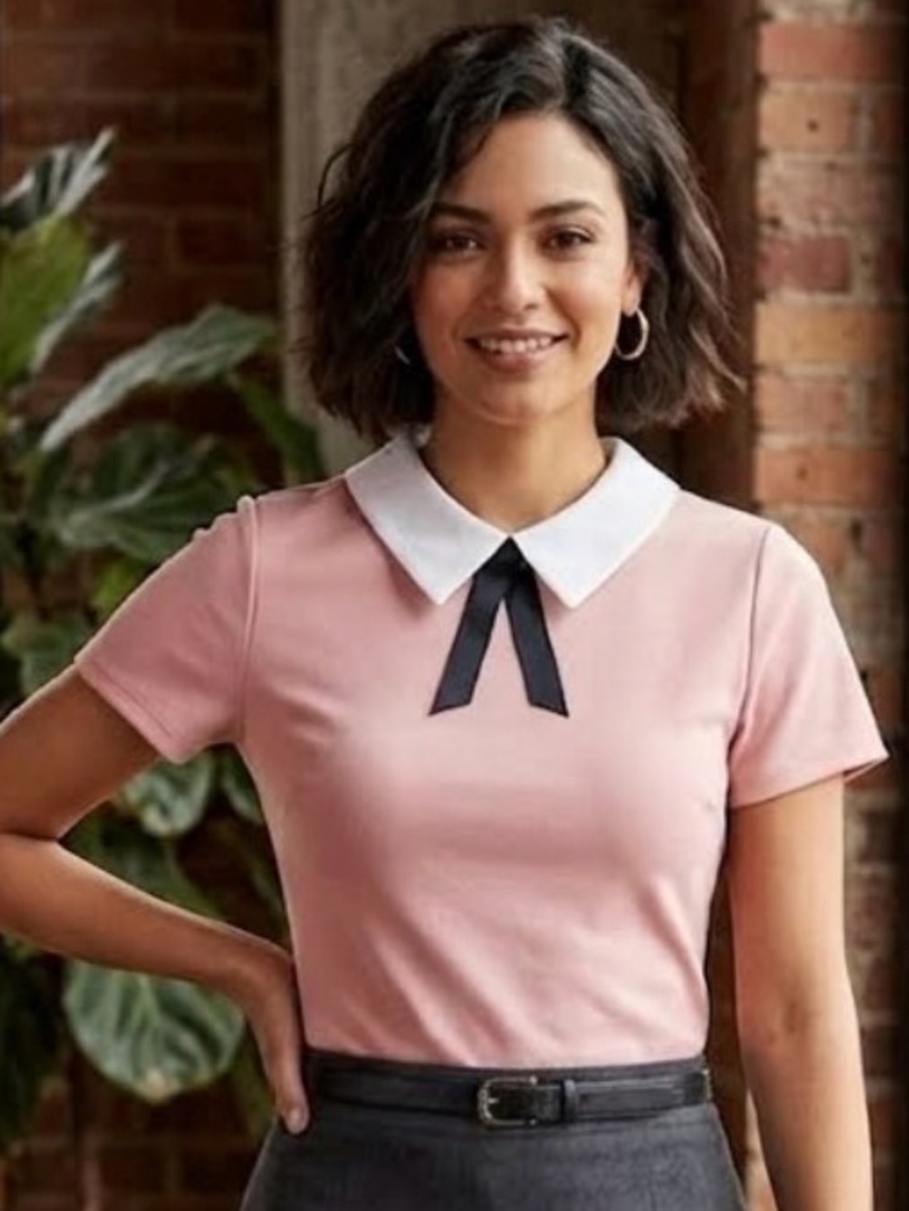Women's Pink Short-Sleeve Blouse with White Collar and Black Ribbon